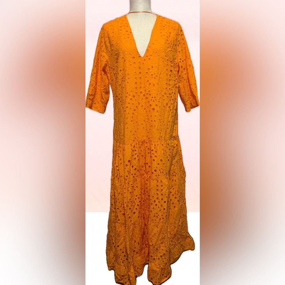Zara Orange Sundress 3/4 Sleeve Crew Neck